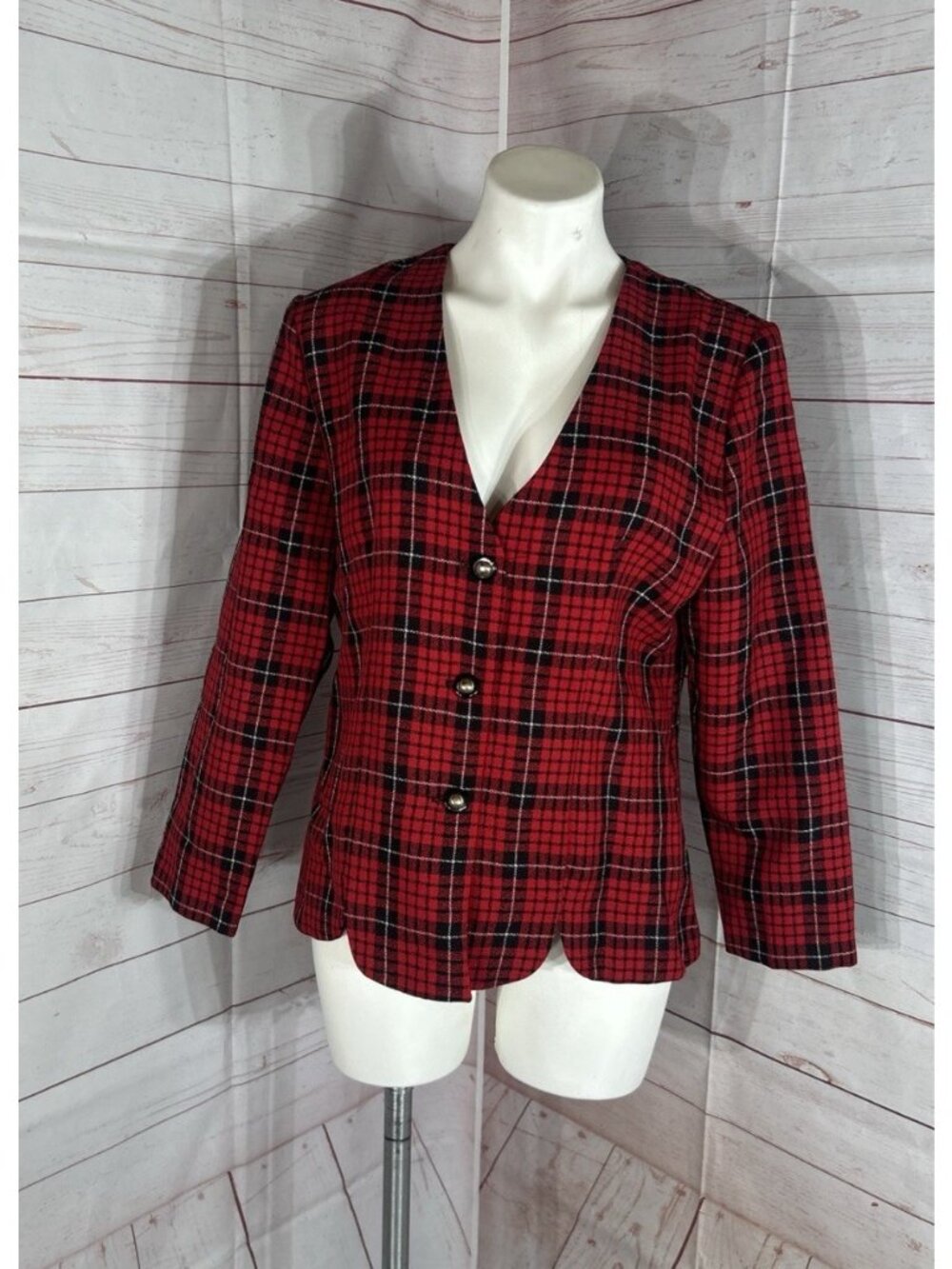 Vintage Whirl away Frocks Women Size 14 Petite Red & Black Plaid 3 Button Jacket